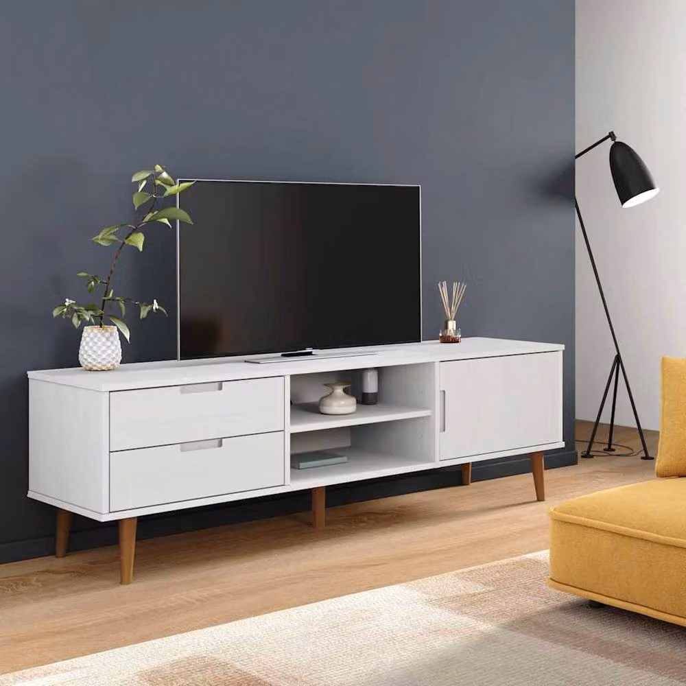 Berkfield Home MOLDE White TV Cabinet in Solid Pine Wood, W: 158 cm, D: 40 cm, H: 49 cm – 2