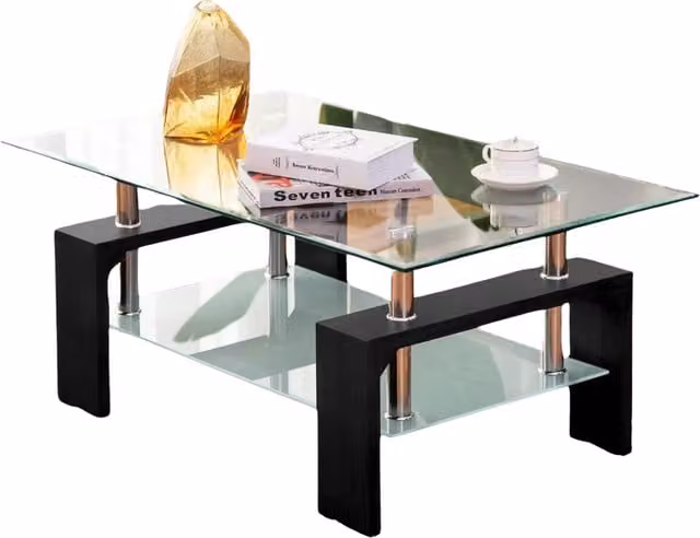 Pirlo Plush 2 Tier Rectangular Glass Coffee Table in Black and Transparent