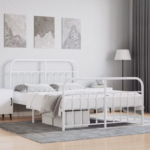 Berkfield Home Metal Bed Frame with Headboard and Footboard in White, W/D/H: 135 x 190 cm Double – 1