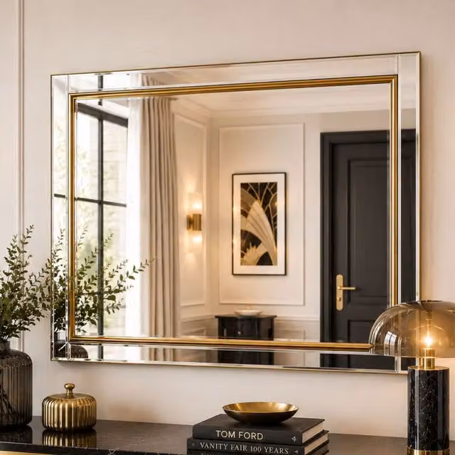 Yearn Gold Brass Framed Rectangular Bevelled Wall Mirror, H 136 cm x W 105.5 cm