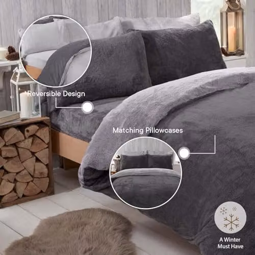 Brentfords Reversible Teddy Fleece Duvet Cover and Pillowcase Set, Grey/Silver, W/D/H: 135 x 200 cm – 3