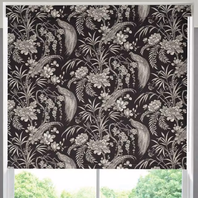 Terrys Blackout Roller Blind in Black and White Floral Nature Design