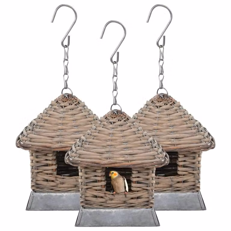 Berkfield Home Set of 3 Brown Wicker Hanging Bird Houses with Cast Iron Details