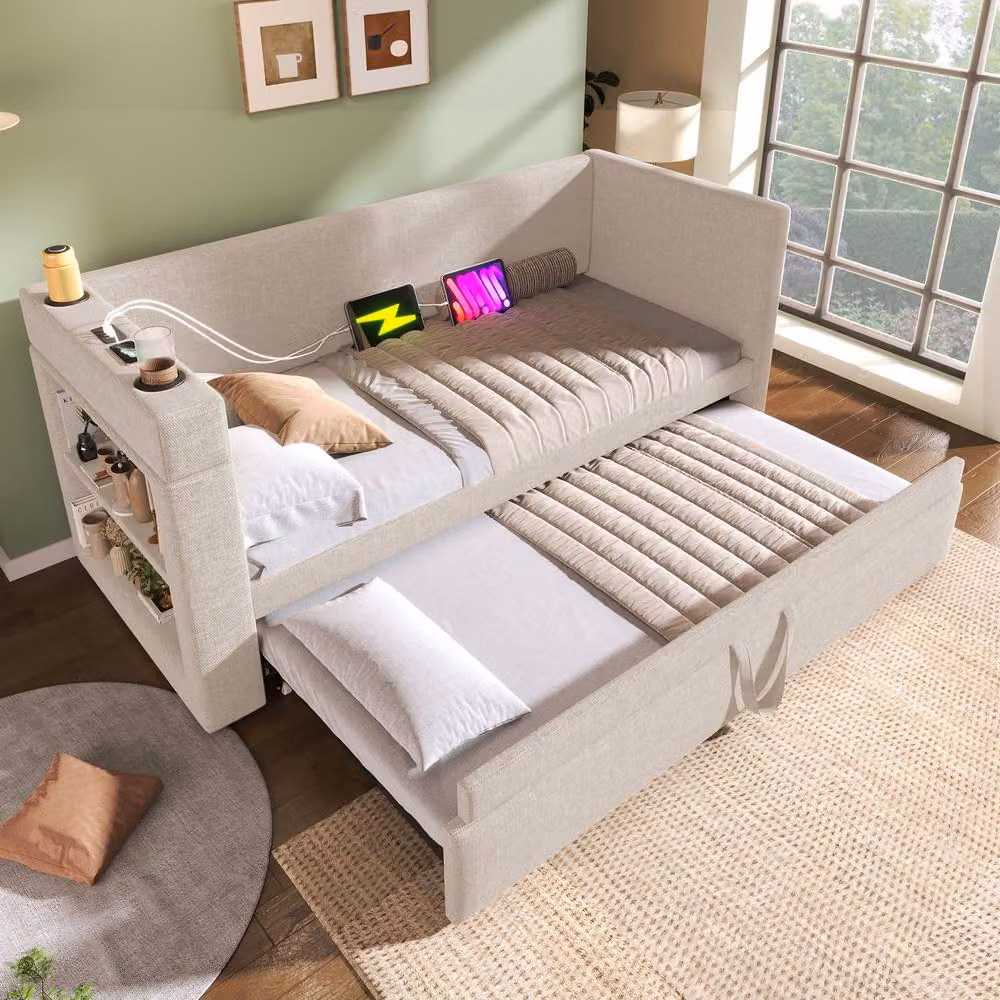 Matteo Single Sofa Bed with Cup Holders and USB & Type C Charging Station in Beige – 4