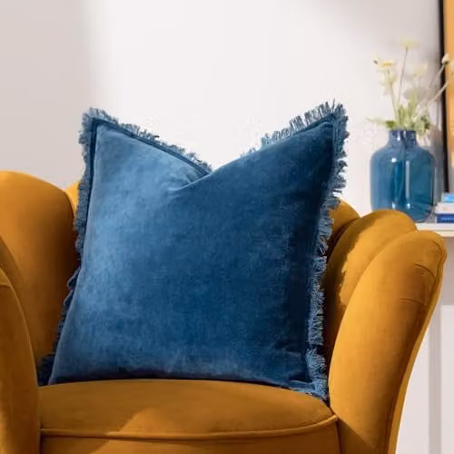 Furn Gracie Blue Cotton Velvet Fringed Square Cushion W/D/H: 45 x 45 x 45 cm