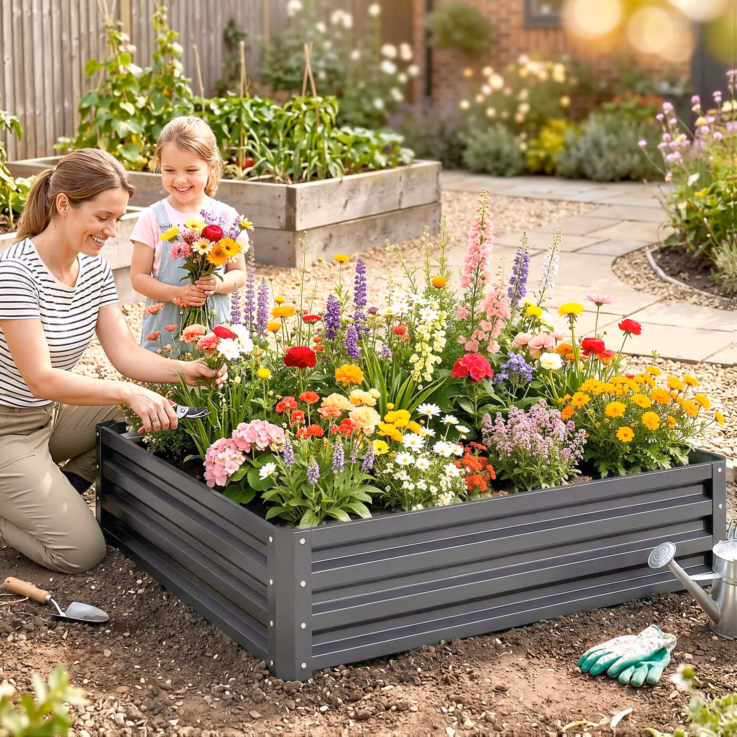 Outsunny 432L Square Raised Garden Bed with Galvanised Steel Frame for Vegetables, Flowers and Herbs, Light Grey, W/D/H: 120 x 120 x 30 cm – 2