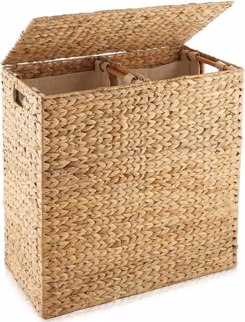 Gr8 Home Water Hyacinth Double Laundry Hamper with Lids and Removable Cotton Bags in Beige