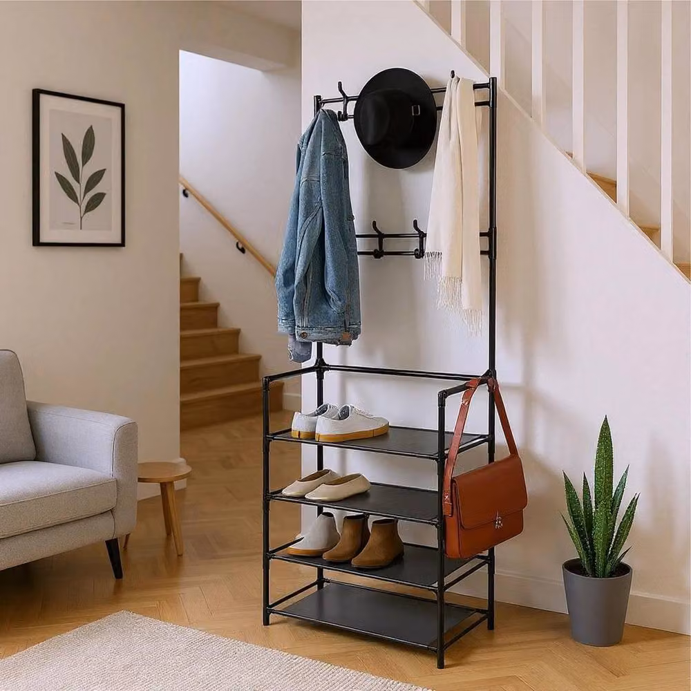 SPETLEK Metal Coat and Hat Stand with 8 Hooks and 4-Tier Shoe Rack in Matt Black – 2