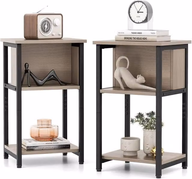 COSTWAY Set of 2 Grey Industrial Nightstands and Sofa Side Tables with 2 Open Storage Shelves