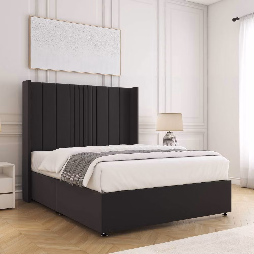 BSSPOKE Charlotte Single Divan Bed with 54 inch Plush Velvet Headboard in Black