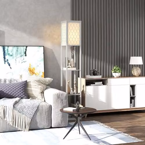 HOMCOM Modern Floor Lamp with 3 Shelves and Fabric Lampshade in Grey – 6