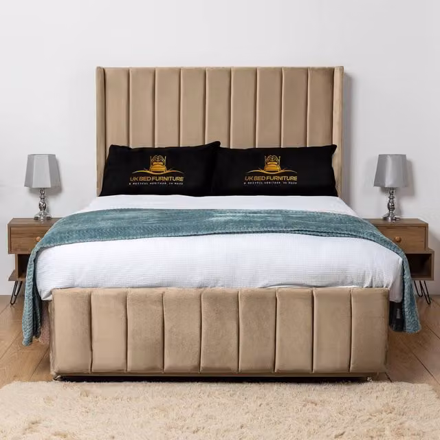 UK Bed Furniture Arizona Wingback Divan Bed Base with 54 Inch Headboard in Beige Velvet, Small Double, W/D/H: 120 x 200 x 135 cm