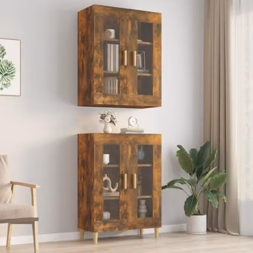 vidaXL Wall Mounted Hanging Cabinet with Glass Doors in Brown Oak, W/D/H: 69.5 x 34 x 90 cm – 1