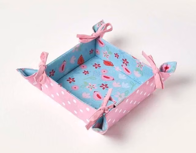Homescapes Reversible Blue Bird and Floral Pattern Foldable Bread Basket with 100% Cotton Fabric Liner
