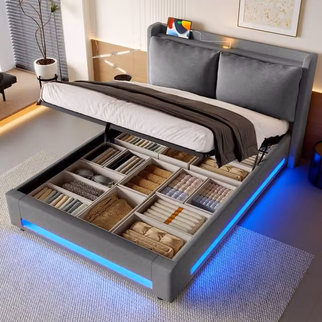 Direct Wicker King Size Velvet Upholstered Storage Bed Frame with Hydraulic Lift System and Integrated USB Charging Port, Bedside Shelf and Reading Light, Dark Grey, W/D/H: 180 x 200 cm