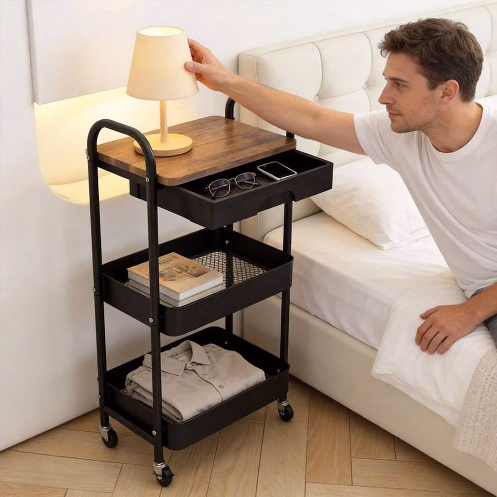 KORVIXA Utility Rolling Storage Trolley Cart with Drawer, Black, W: 100 cm, D: 100 cm, H: 22.5 cm – 3
