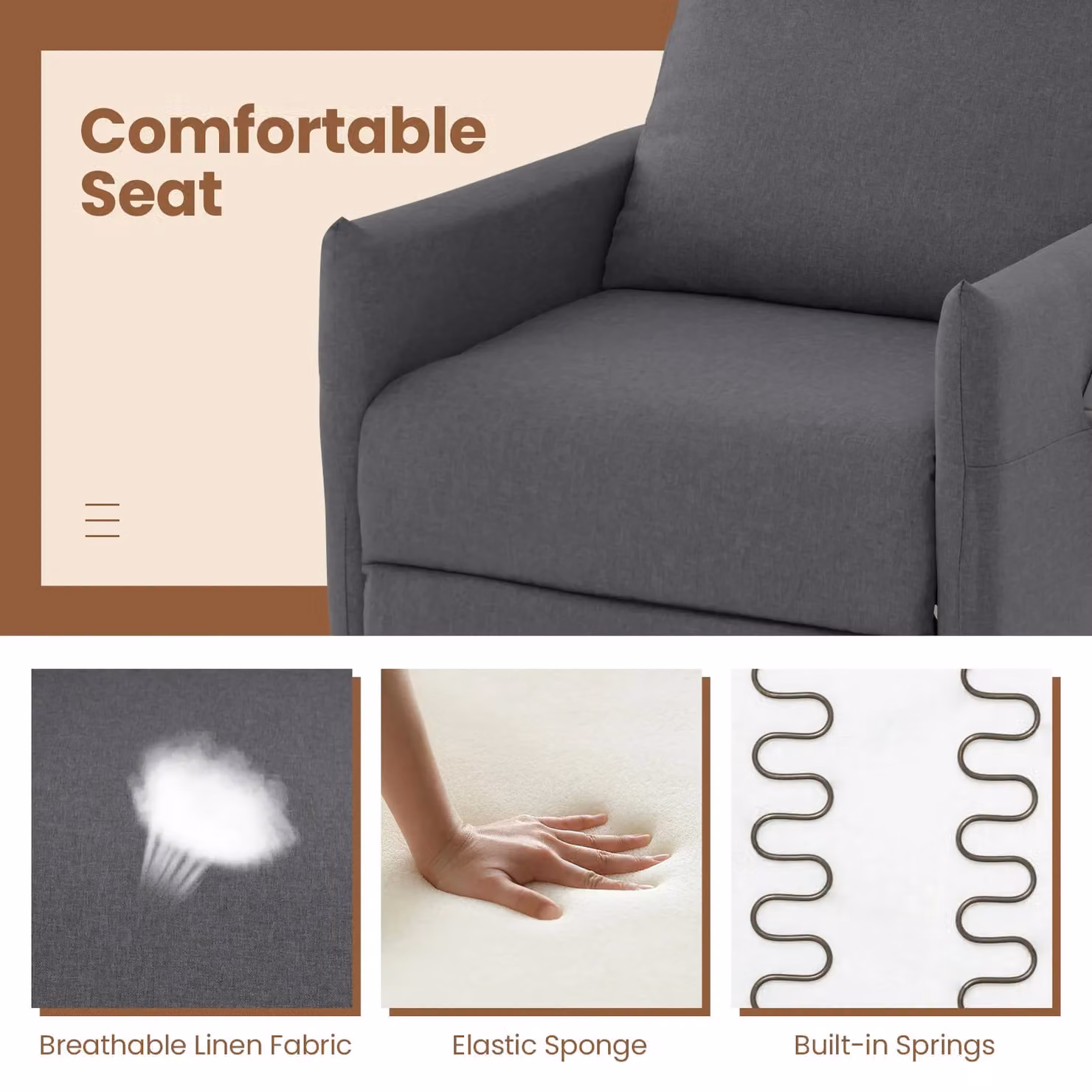 Gymax Grey Linen Fabric Recliner Push Back Armchair with Metal Frame – 6