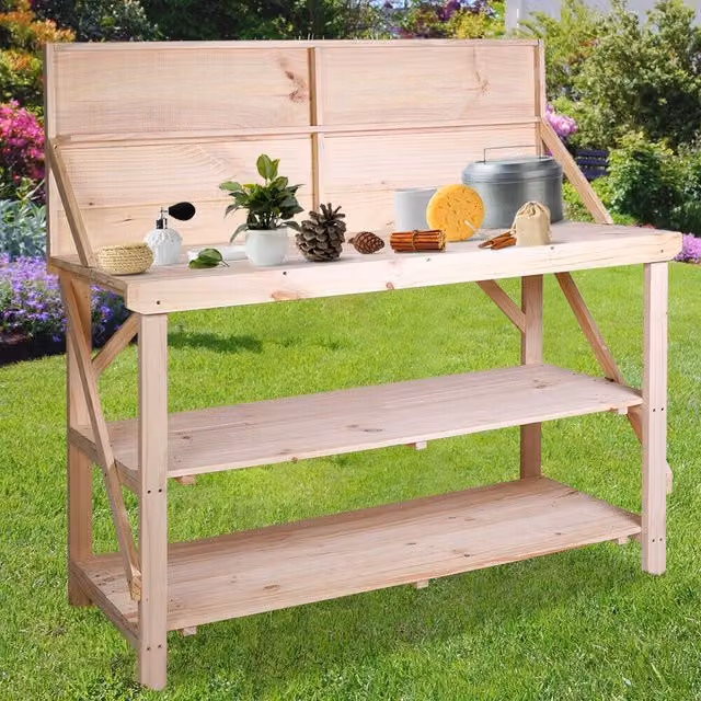 Livingandhome Large Rectangular Wooden Garden Potting Table Bench in Brown and Yellow Treated Hardwood