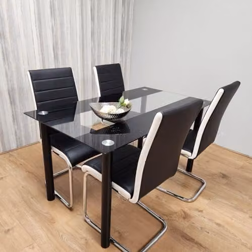 Kosy Koala Modern Rectangular Dining Set with Clear Glass Table and 4 Black and White Leather Chairs – 1