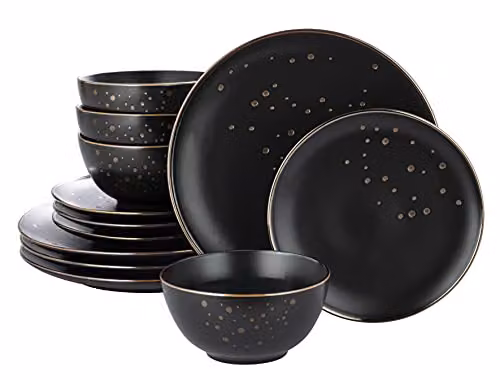 Emsa 12 Piece Dotted Stoneware Dinner Service Set in Black and Gold – 3