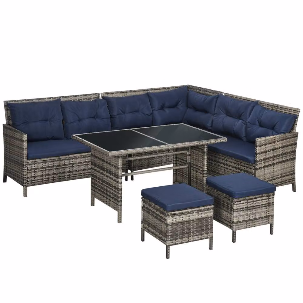 Wyld Haus Rarapa 7 Seater Rattan Garden Sofa Set with Glass Table in Dark Blue – 2