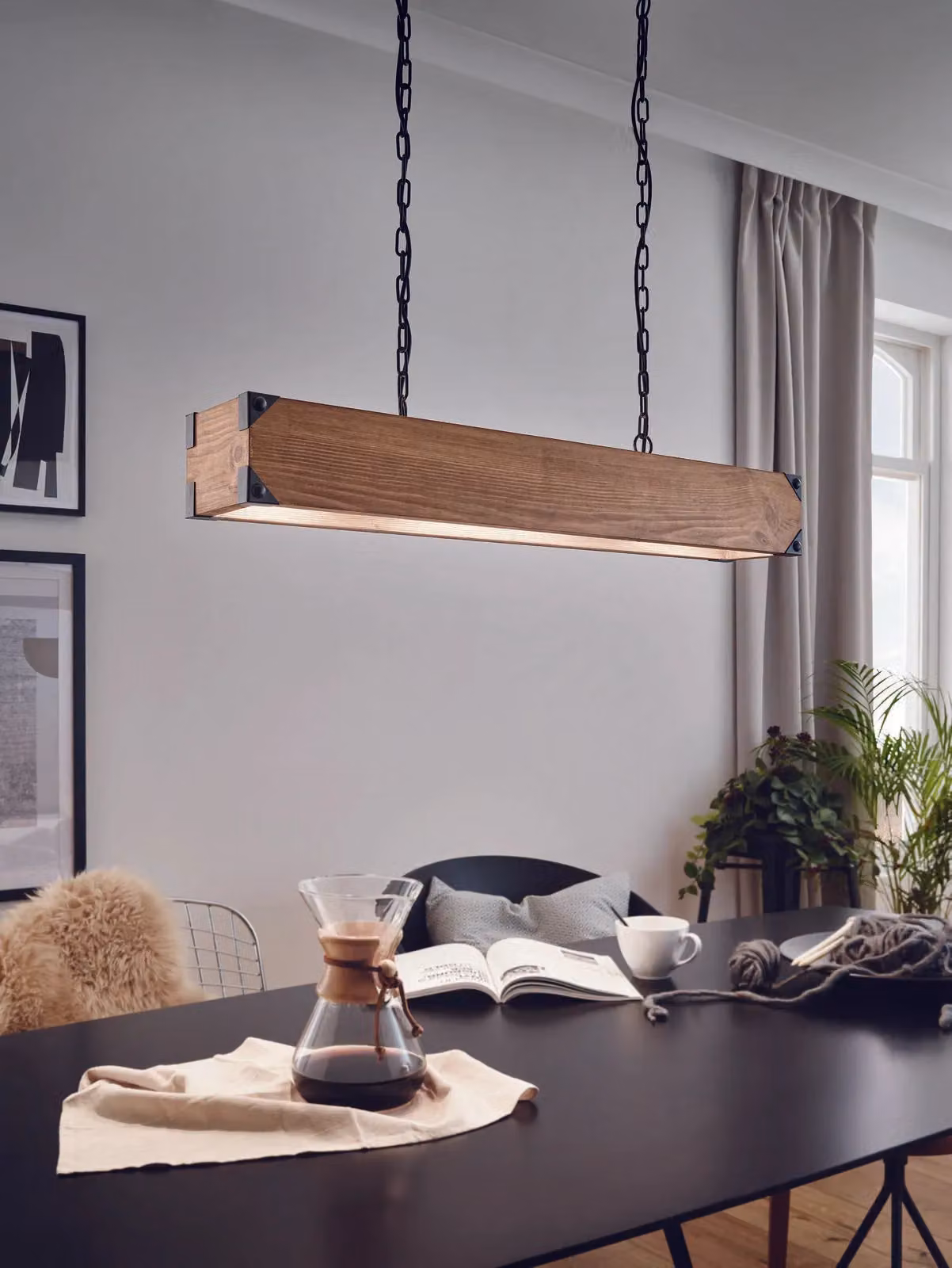 Loops Wood and Metal Square Hanging Ceiling Pendant Light in Black and Wood, 4 x E27 40W – 2