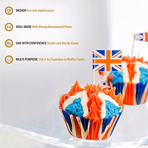 Premier Housewares Union Jack Large Cupcake Cases, 40 Pieces, Red, White and Blue, W/D/H: 10 x 10 x 5 cm – 3
