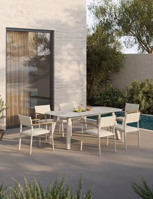Royalcraft Nexo 6 Seater Dining Set with Rectangular Ceramic Table and Chairs in Light Cream