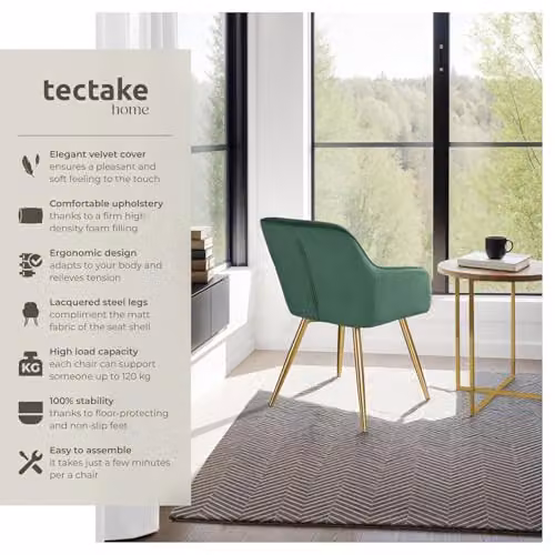 tectake Set of 8 Velvet Look Dining Chairs with Armrests and Gold Steel Legs, Dark Green/Gold – 4