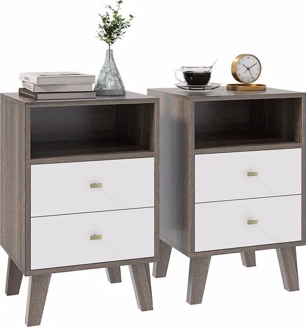 HOMCOM Industrial-Scandinavian Style Bedside Table with Drawers and Shelf in Black and White