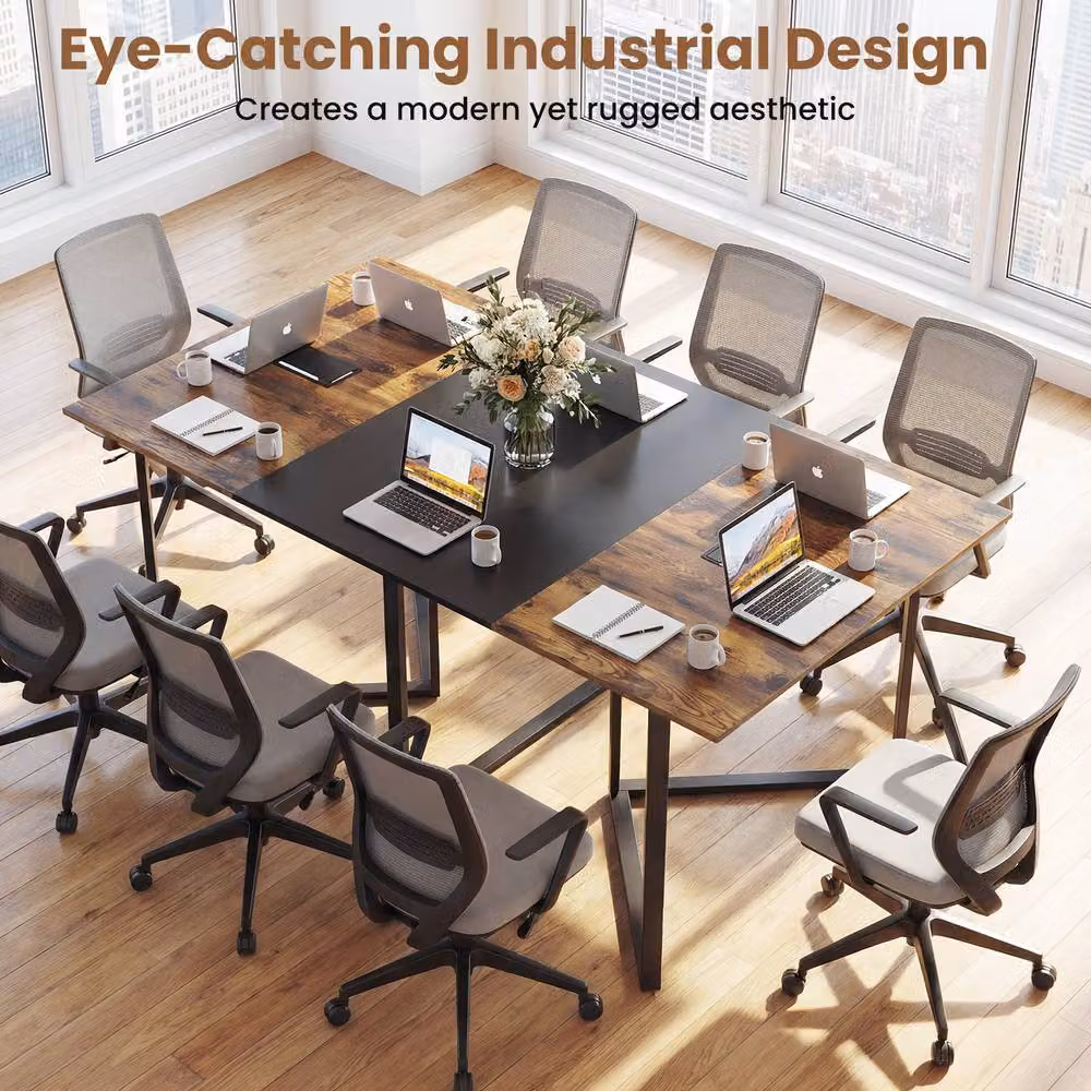 Gymax Industrial Rectangular Conference Table in Brown with Metal Frame and Grommet for 6-8 People – 2