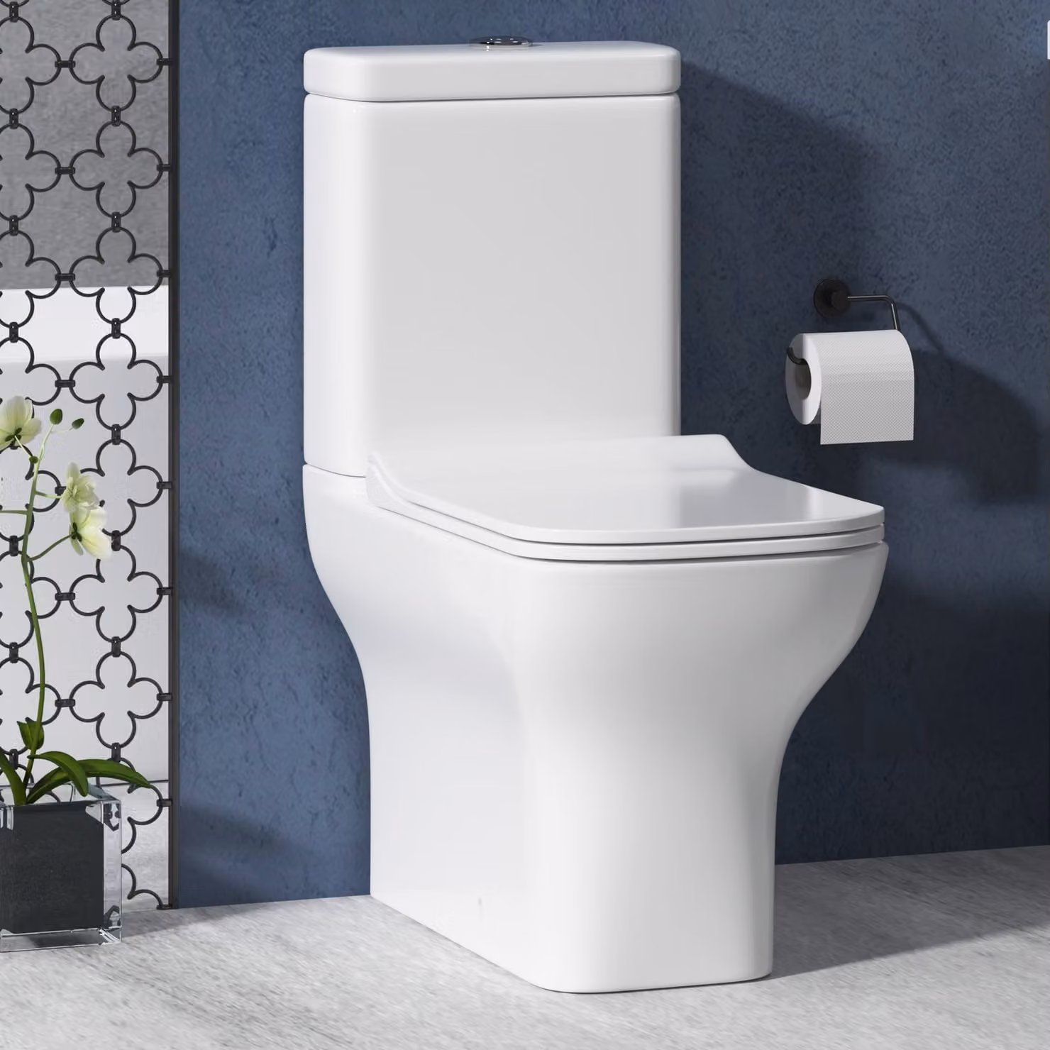 Royal Bathrooms Qubix Square Rimless Back To Wall Close Coupled Toilet with Slim Soft Close Seat and Dual Flush Cistern, White