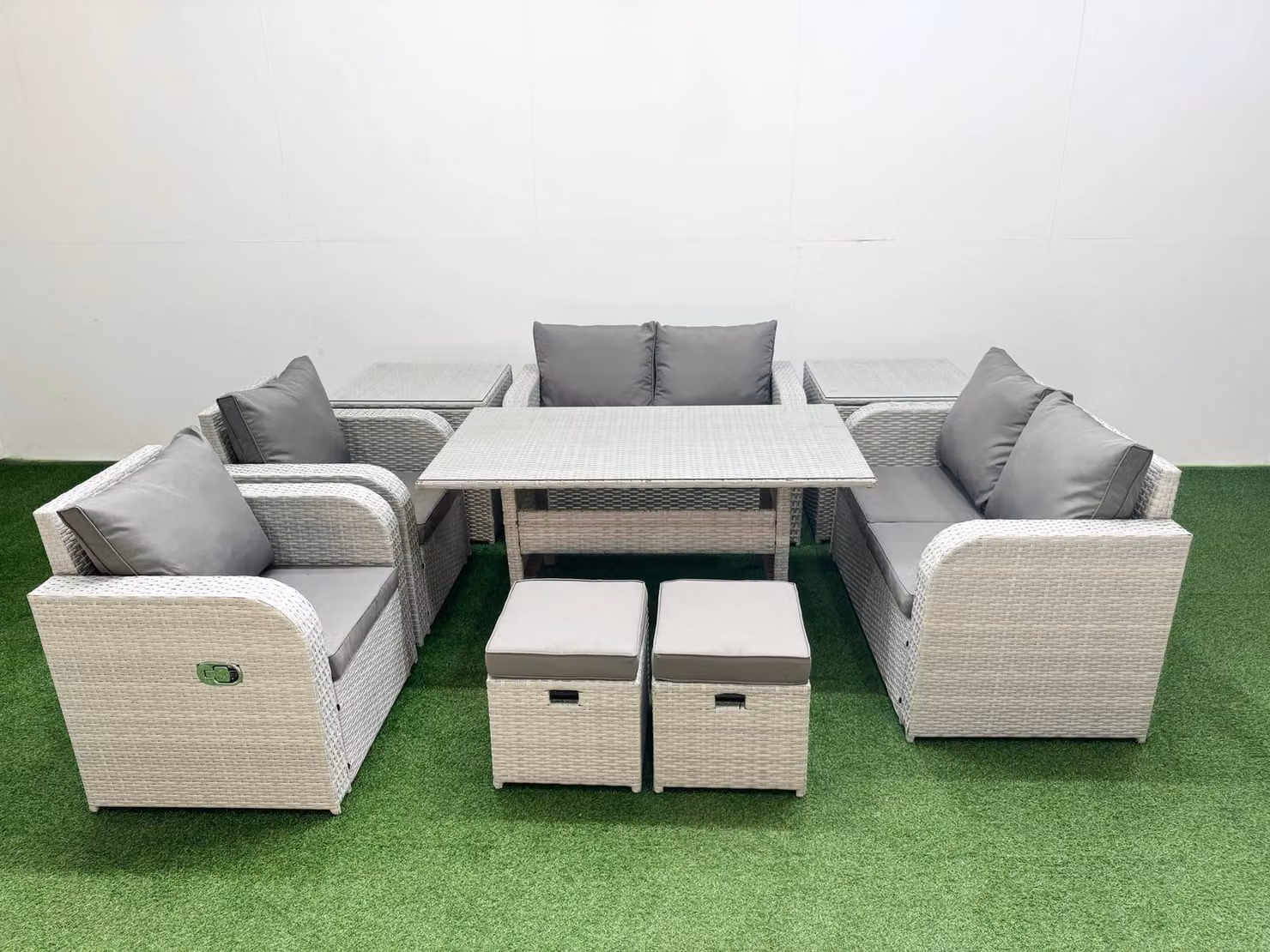 Fimous 8 Seater Rattan Garden Furniture Set in Light Grey with Rectangular Dining Table, 2 Stools and 2 Side Tables