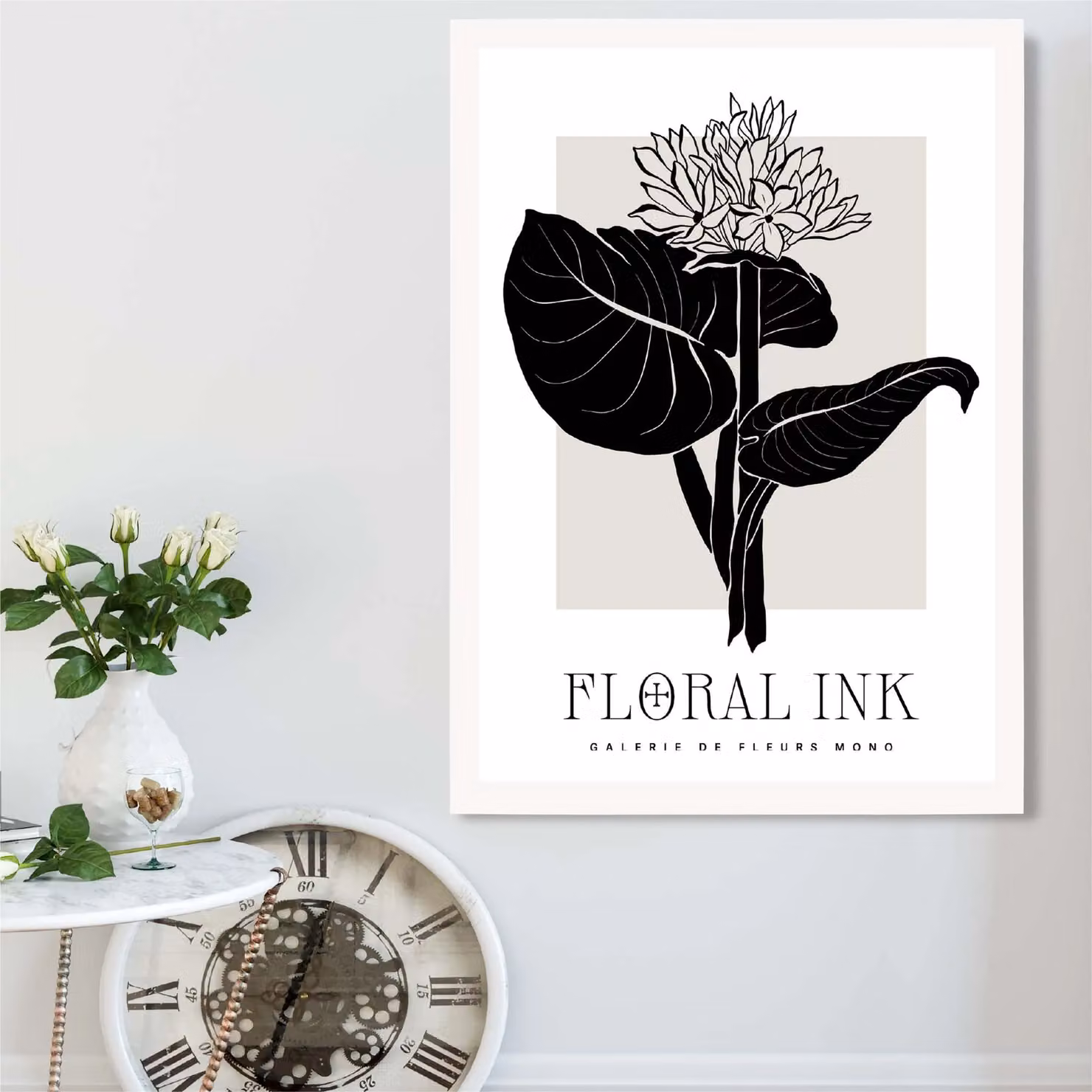 ARTZE Lotus Flower Black and Beige Floral Ink Sketch Framed Print with White Frame – 2