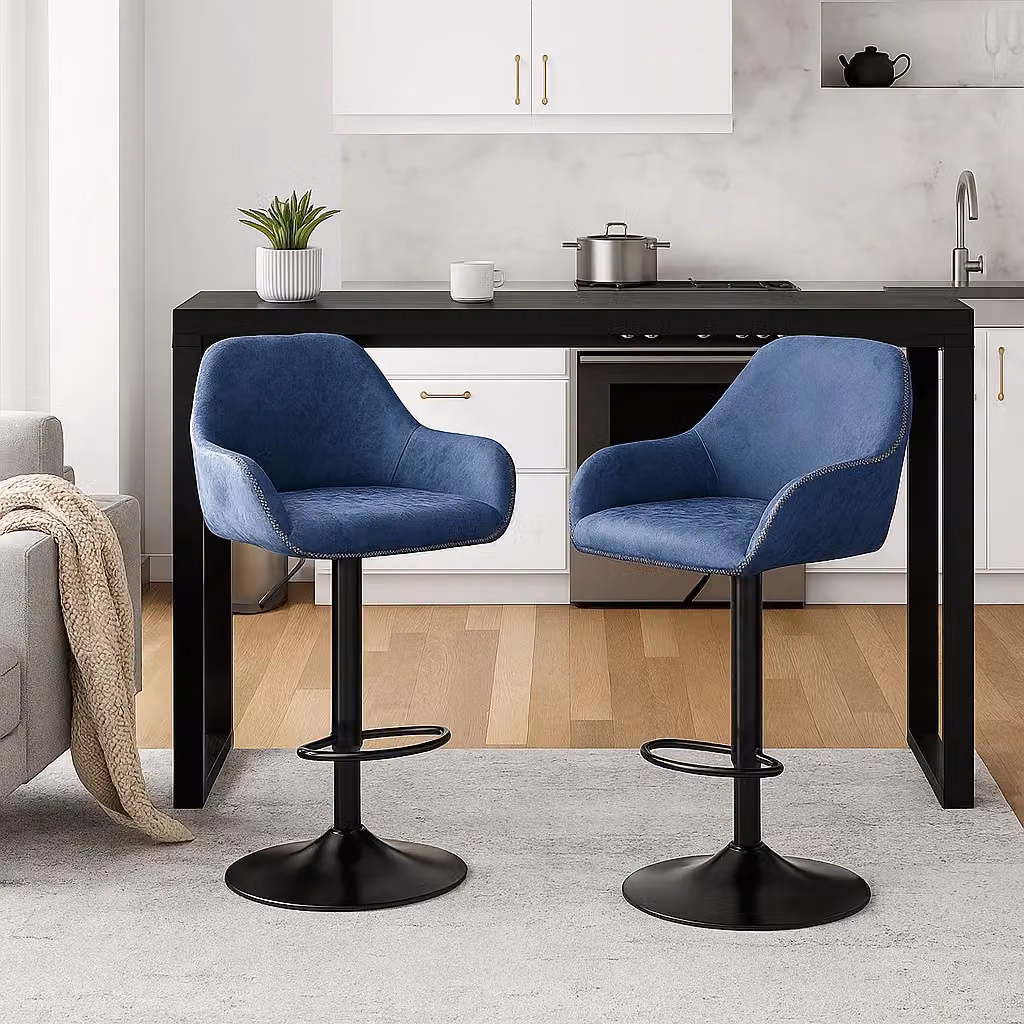 Modcraft Set of 2 Blue Synthetic Leather Height Adjustable Swivel Bar Stools with Armrests – 6