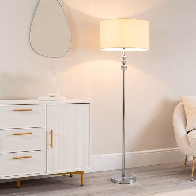 ValueLights Marissa Chrome Floor Lamp with Yellow Fabric Drum Shade and Bulb