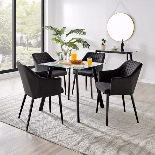 FurnitureboxUK Seattle Square Glass Dining Table and 4 Calla Black Leg Chairs in Black and Transparent