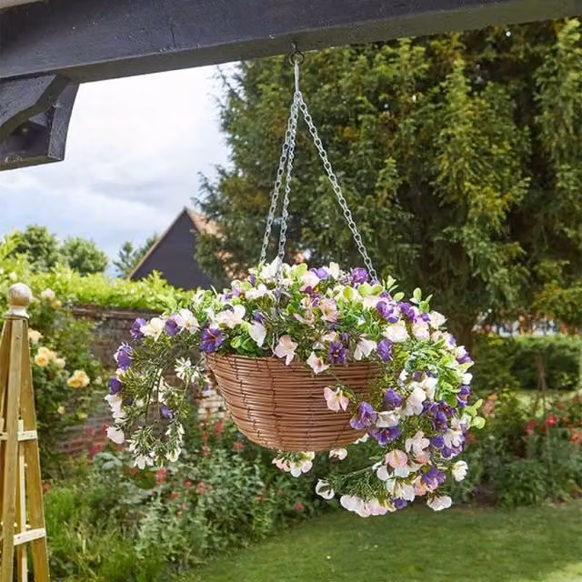 Garden Mile Artificial Hanging Petunia Floral Basket in Green, Brown, White and Purple