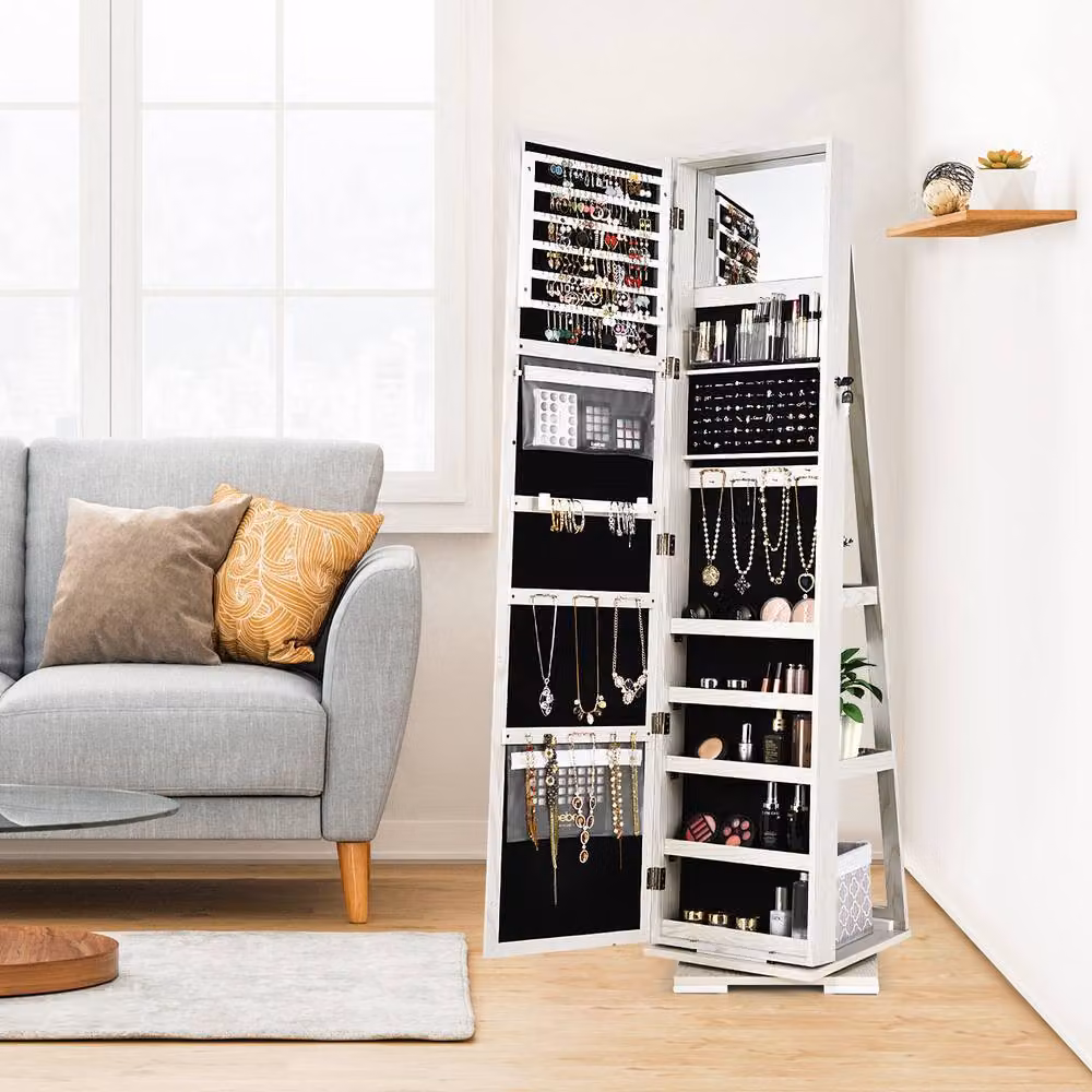 Costway 360 Rotating Mirrored Jewelry Cabinet Free Standing Armoire in White – 3