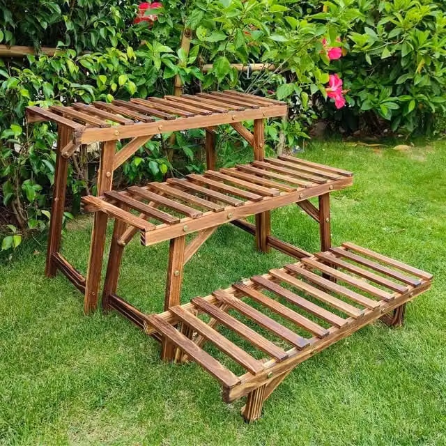NESTLUNE 3-Tier Wooden Ladder Plant Stand in Brown