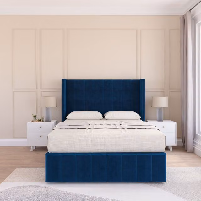 Sloomy Melbourne Upholstered Wingback Bed Set with Floor Standing Headboard in Navy Blue Plush Velvet, W/D/H: 180 x 200 cm