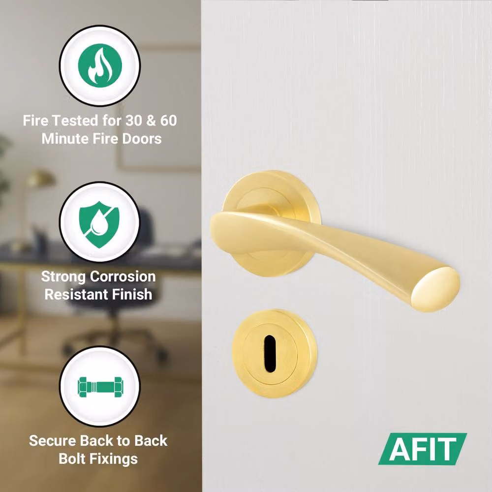 AFIT Novi Gold Satin Brass Fire Door Handle Set with Rose Sashlock and Hinges – 3