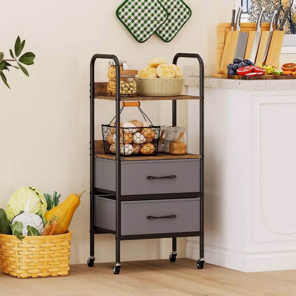 VOGREX Mobile Printer Stand with 2 Open Shelves and 2 Fabric Drawers in Grey – 3