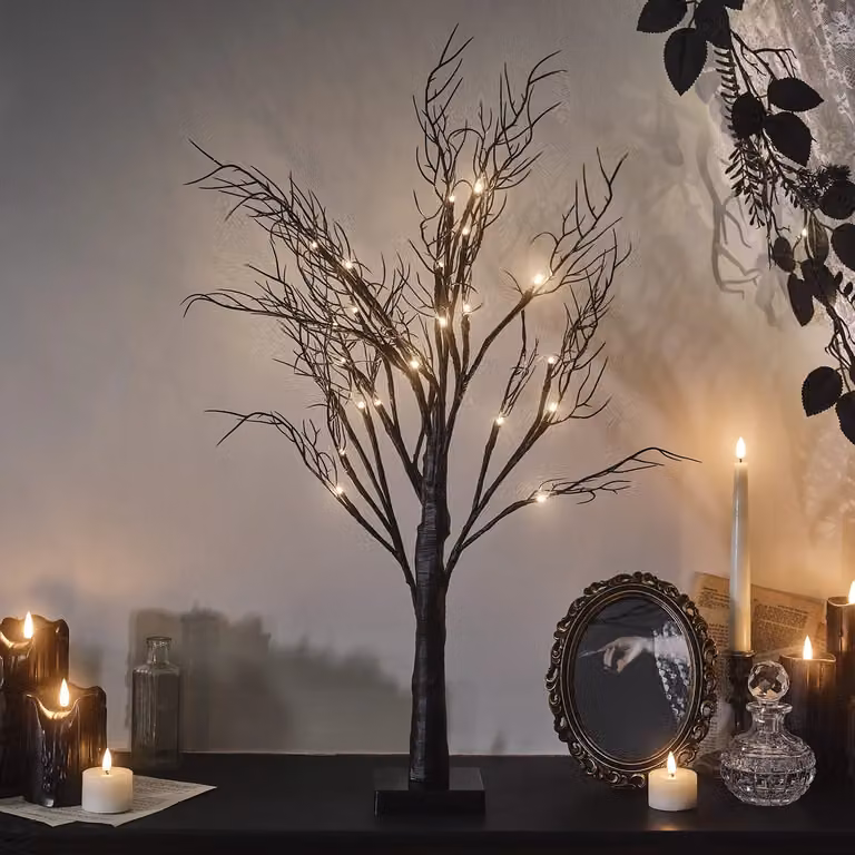 Lights4fun Halloween Pre-Lit Black Twig Tree with 24 Warm White LEDs and Timer, Height: 70 cm
