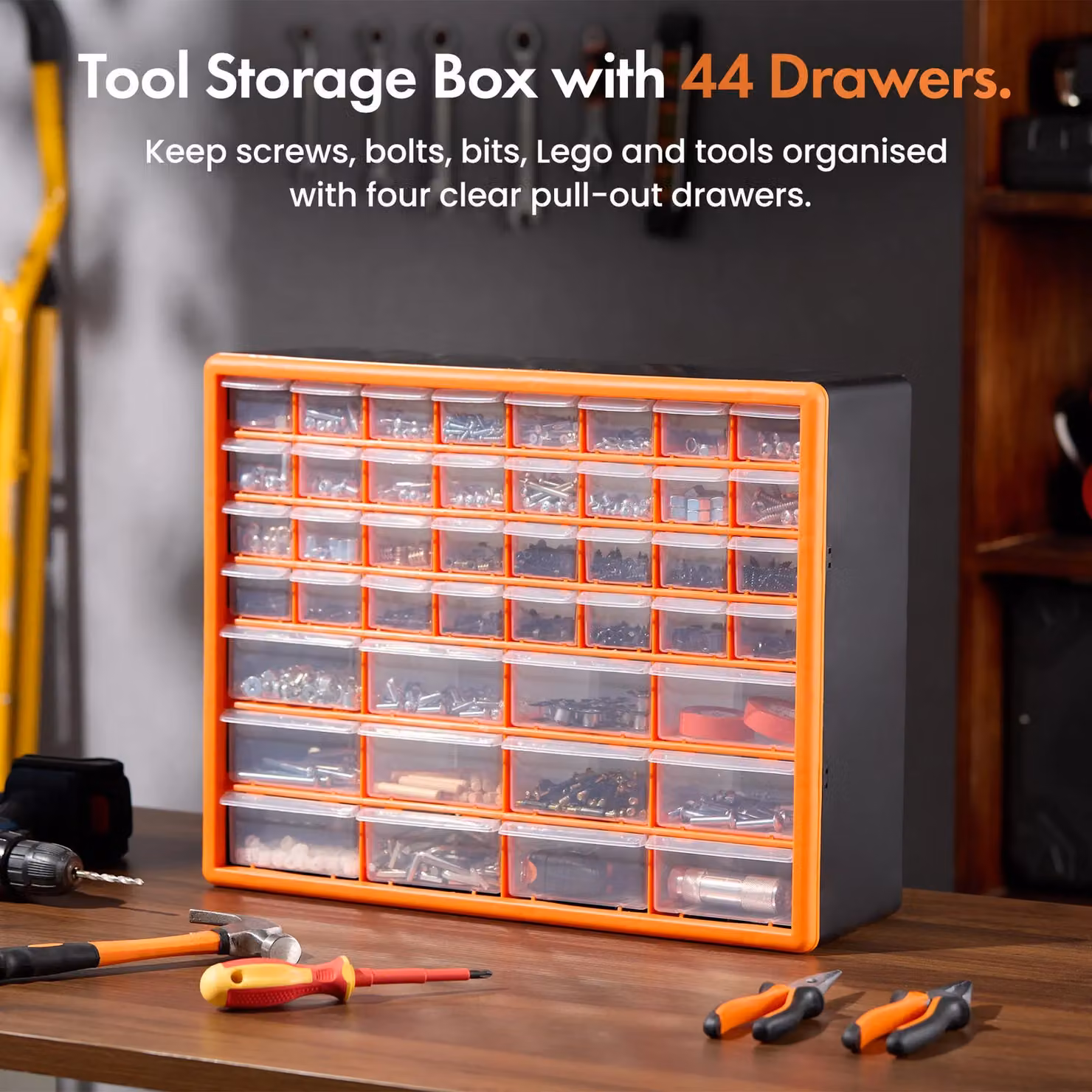 VonHaus 44 Drawer Multi Organiser for Small Parts in Orange and Transparent Plastic, Wall Mounted, W: 27.7 cm, D: 17.5 cm, H: 25.6 cm – 3