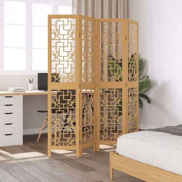 Berkfield Home 4-Panel Geometric Room Divider in Brown and Beige Solid Paulownia Wood, H 180 cm x H 145 cm – 1