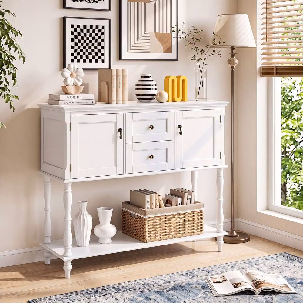 Gymax White Console Table with 2 Drawers and Pine Wood Finish – 2