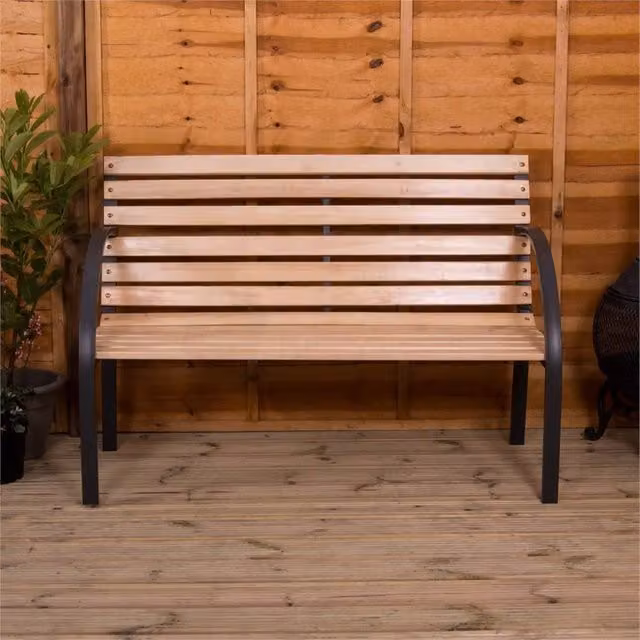 VOGREX 3-Seater Slatted Garden Bench in Brown Pine Wood and Metal