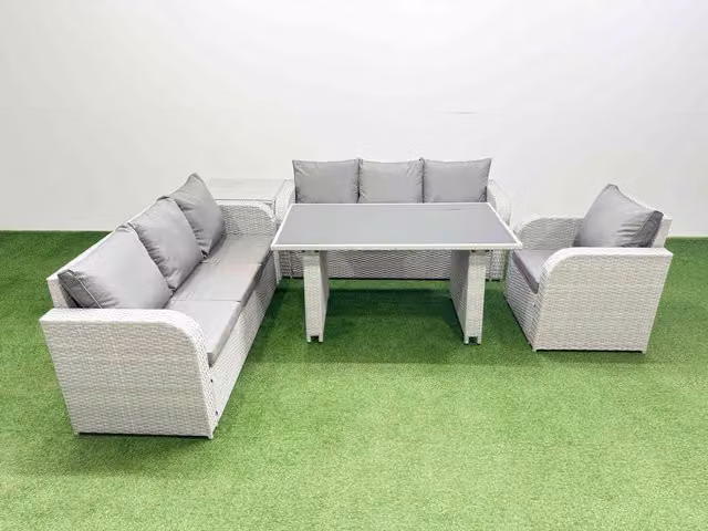Fimous 7-Seater Patio Sofa Set with Rectangular Table and Side Table in Light Grey