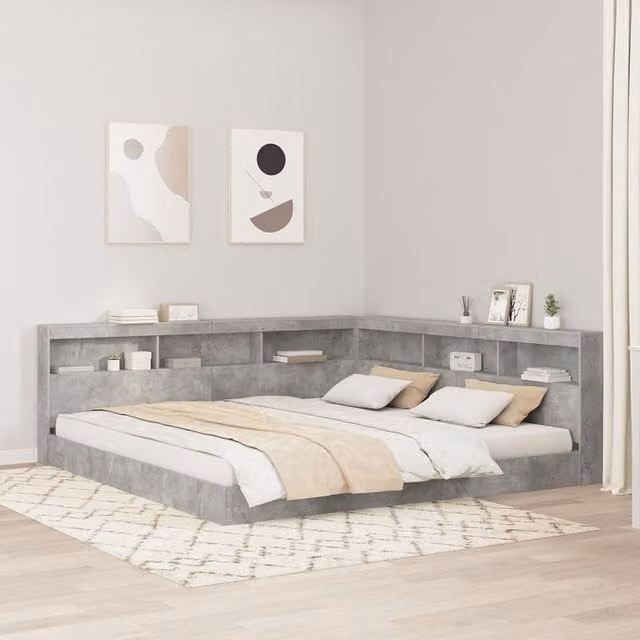 Berkfield Home 2-Piece Bed Set with Storage Headboard and Bedside Shelf in Concrete Grey, W/D/H: 180 x 200 cm